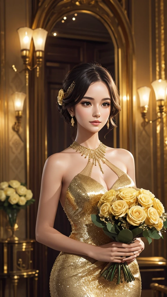 Woman, mannequin, in a gold evening gown Holding a bouquet of beautiful flowers