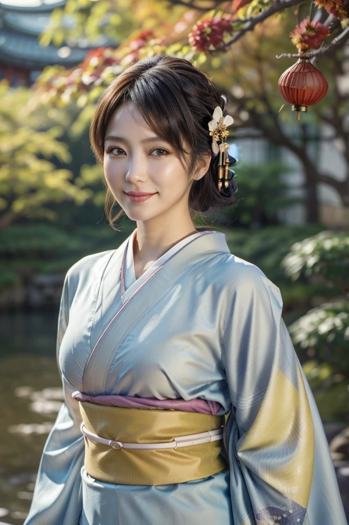 (masterpiece, highest quality, Realistic, High resolution, photograph, :1.3), Sharp focus, 1 Cute Japanese mature woman, 40 years old, Hot Model, gentle face, Highly detailed eyes and pupils, Realistic Skin, ((Voluptuous body)), Neckline, Highly detailed hair, Delicate face, Sensual look, Bright lips, Chubby lips, Natural Lip, big thick thighs, ((kimono:1.5)), ((whole body shot)), looking at viewer, smile, ((from below)), (((Trendy hairstyles:1.2))), ((hair ornament:1.2)), autumn setting, autumn trees and leaves