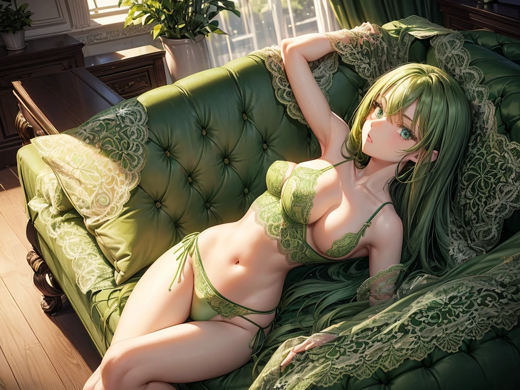 (depcit young girl), (((green lace panties and elegant green lingerie))), ((green panty transparent)), redhead, long hair, straight hair, blue eyes, thin , small breasts, (topless), nice hips, open shoulders, (((sassy))), back arched, doggy style, couch living room,