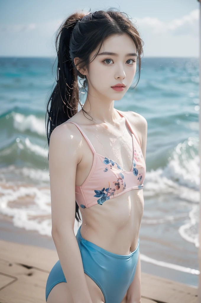 "(((best quality))), (((ultra detailed))), (((masterpiece))), illustration,((1 beautiful young girl,solo)),((slim,thin)),(vibrant pink floral swimsuit:1.3),((small breasts,flat chest)),(short ponytail:1.2),((shiny skin,sweat,wet)),seaside, summer, joyful, playful, physical features, smooth fair skin, gentle sea breeze, endless azure sky, picturesque backdrop, whiteness of sand, deep blues of the sea, waves crashing, internal turmoil, transformation, standing on the cusp of womanhood, confidence, sexuality, metaphorical plunge, next chapter of life,significance of the moment, beauty of the seaside, celebration of youth, excitement of summer ahead,((from front,upper body))