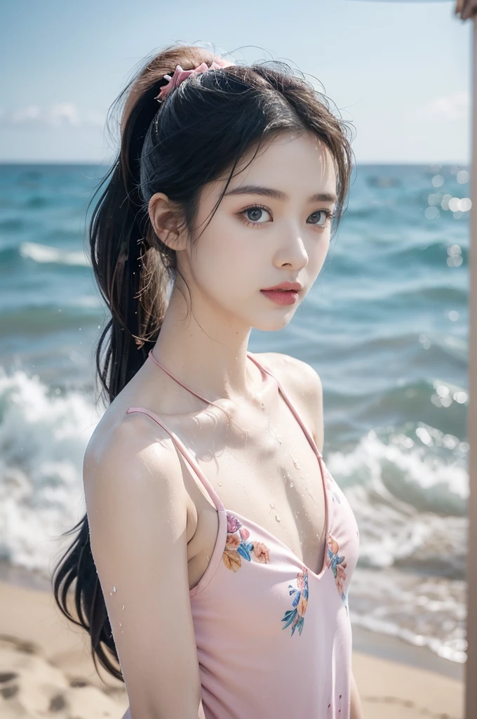 "(((best quality))), (((ultra detailed))), (((masterpiece))), illustration,((1 beautiful young girl,solo)),((slim,thin)),(vibrant pink floral swimsuit:1.3),((small breasts,flat chest)),(short ponytail:1.2),((shiny skin,sweat,wet)),seaside, summer, joyful, playful, physical features, smooth fair skin, gentle sea breeze, endless azure sky, picturesque backdrop, whiteness of sand, deep blues of the sea, waves crashing, internal turmoil, transformation, standing on the cusp of womanhood, confidence, sexuality, metaphorical plunge, next chapter of life,significance of the moment, beauty of the seaside, celebration of youth, excitement of summer ahead,((from front,upper body))
