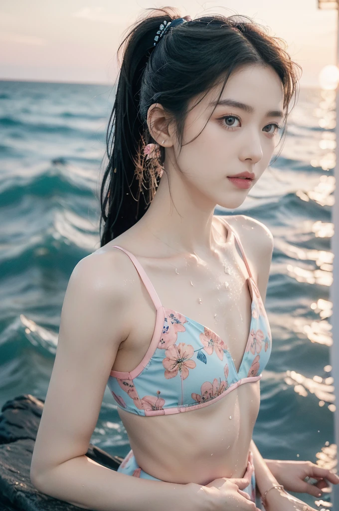 "(((best quality))), (((ultra detailed))), (((masterpiece))), illustration,((1 beautiful young girl,solo)),((slim,thin)),(vibrant pink floral swimsuit:1.3),((small breasts,flat chest)),(short ponytail:1.2),((shiny skin,sweat,wet)),seaside, summer, joyful, playful, physical features, smooth fair skin, gentle sea breeze, endless azure sky, picturesque backdrop, whiteness of sand, deep blues of the sea, waves crashing, internal turmoil, transformation, standing on the cusp of womanhood, confidence, sexuality, metaphorical plunge, next chapter of life,significance of the moment, beauty of the seaside, celebration of youth, excitement of summer ahead,((from front,upper body))