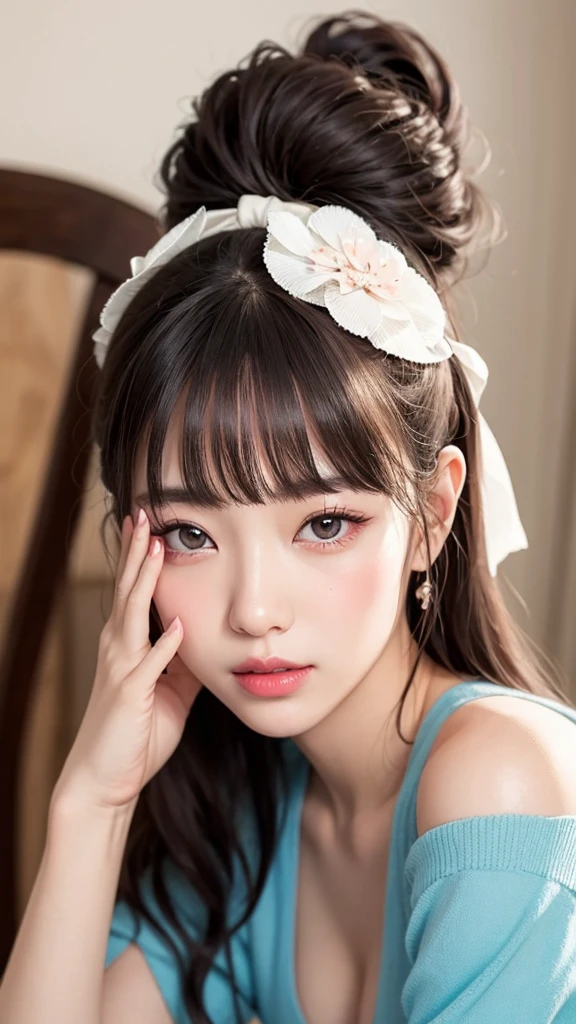Bright expression、Photorealistic Stick:1.32、Highest quality、Ultra-high resolution、Photos of the most beautiful Japan girls、Cute and beautiful facial details、Small face、(Dealing with the Children_v1:0.008)、美しいbangs、29-year-old、Glowing White Skin、Hair gets tangled in the face、顔まで伸びるbangs、bangs、Hair between the eyes、腰までのびるLong Hair、Natural five-finger、Silky hair of attractive black color、Bright room、Clear beige eyes shine charmingly、Super big breasts、Put your hands on your face、Pink puckered lipstick、Light pink eyeshadow、Pink blush、Blue skin tone、Landmine Makeup、Beautiful bunch of eyelashes、Highest quality、((Cute Girls))、29-year-oldの女性、I'm in a room with a beautiful view、((Wearing fashionable clothes for 2024、:1.3))、(Long Hair:1.4)、(Nice and cute、Sexy expression、Wavy long hair、Tight waist、Beautiful eyes in every detail、Other shoots、whole body、Face close-up、Lying down