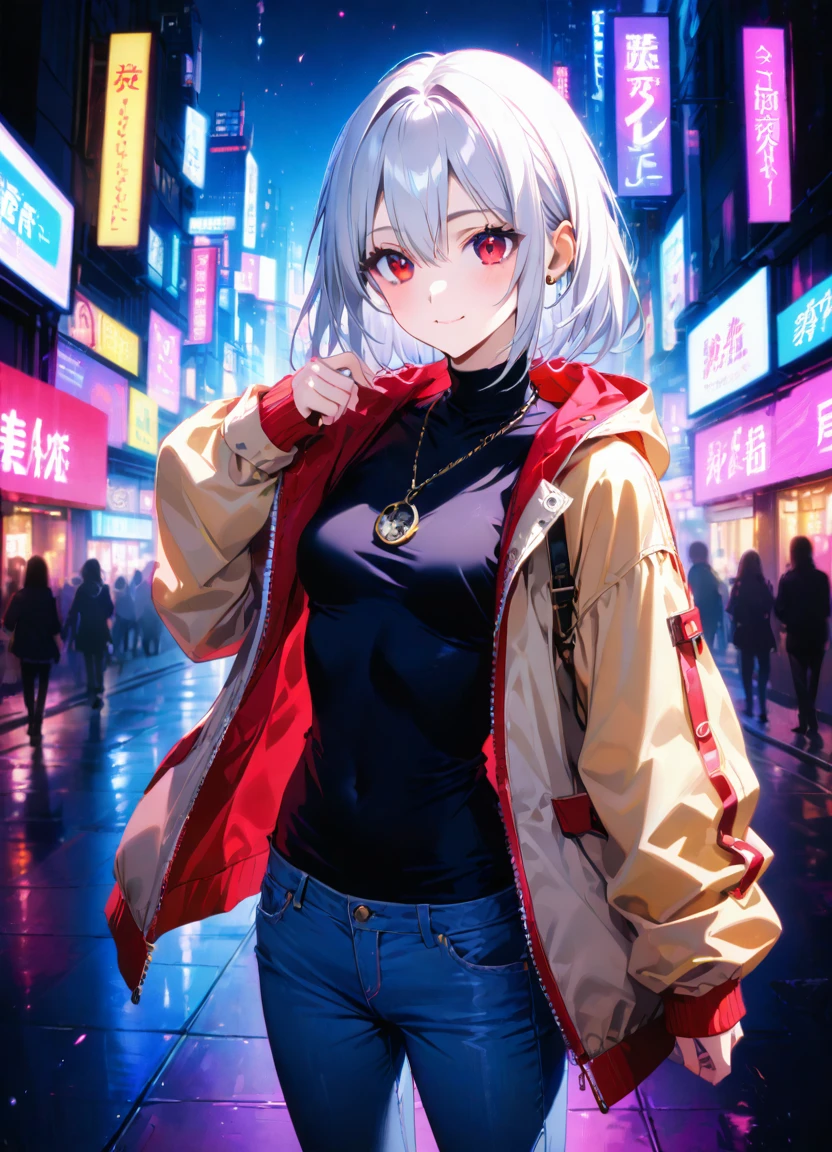 1girl, 15 years old, slim, small breasts, white hair, hairs between eyes, shoulder length hair, pale skin, bright red eye:1.3, white duffle coat and long-sleeve black sweater, open jacket, jeans, gold pocket watches hanging from the neck, BREAK kawaii, smile, cowboy shot, pose, (cyberpunk night city:1.3), neon light, (light particle:1.3), BREAK smooth skin, cinematic lighting, volumetric shadow, BREAK source_anime, score_9, score_8_up, score_7_up, (masterpiece:1.2), (best quality:1.2), (very aesthetic:1.2), (absurdres:1.2), (detailed background), newest, (intricate:1.2), ai-generated, BREAK