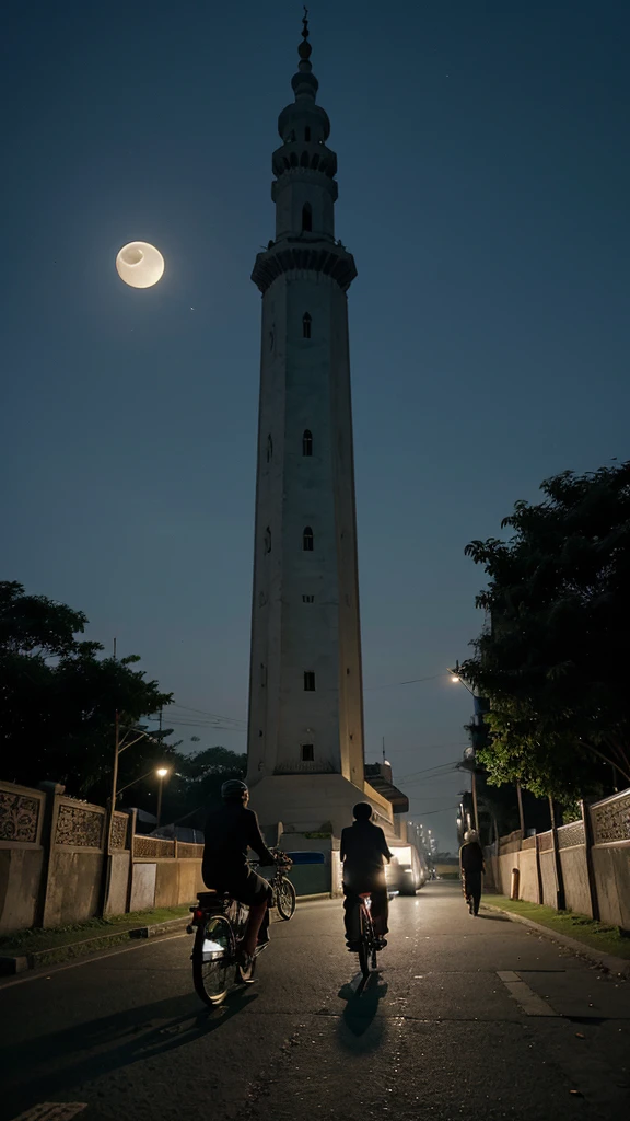 Indonesian people in the morning when it is still dark go to the mosque on touring bicycles to pray at dawn with the moon at the mosque