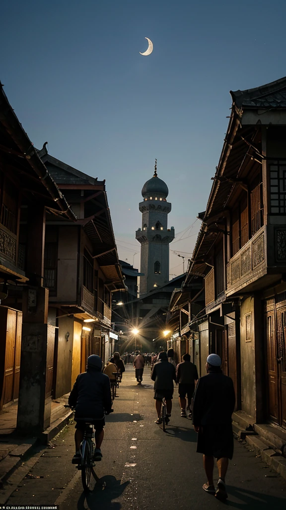Indonesian people in the morning when it is still dark go to the mosque on touring bicycles to pray at dawn with the moon at the mosque