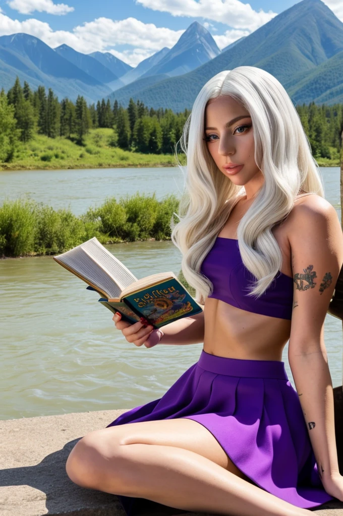 Beautiful Lady Gaga, wearing a white crop top and purple flared skirt, sitting reading a book on the bank of a blue river, with mountains in the distance