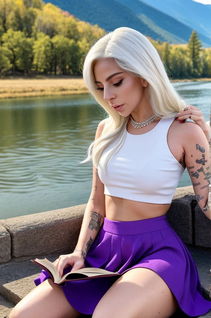 Beautiful Lady Gaga, wearing a white crop top and purple flared skirt, sitting reading a book on the bank of a blue river, with mountains in the distance