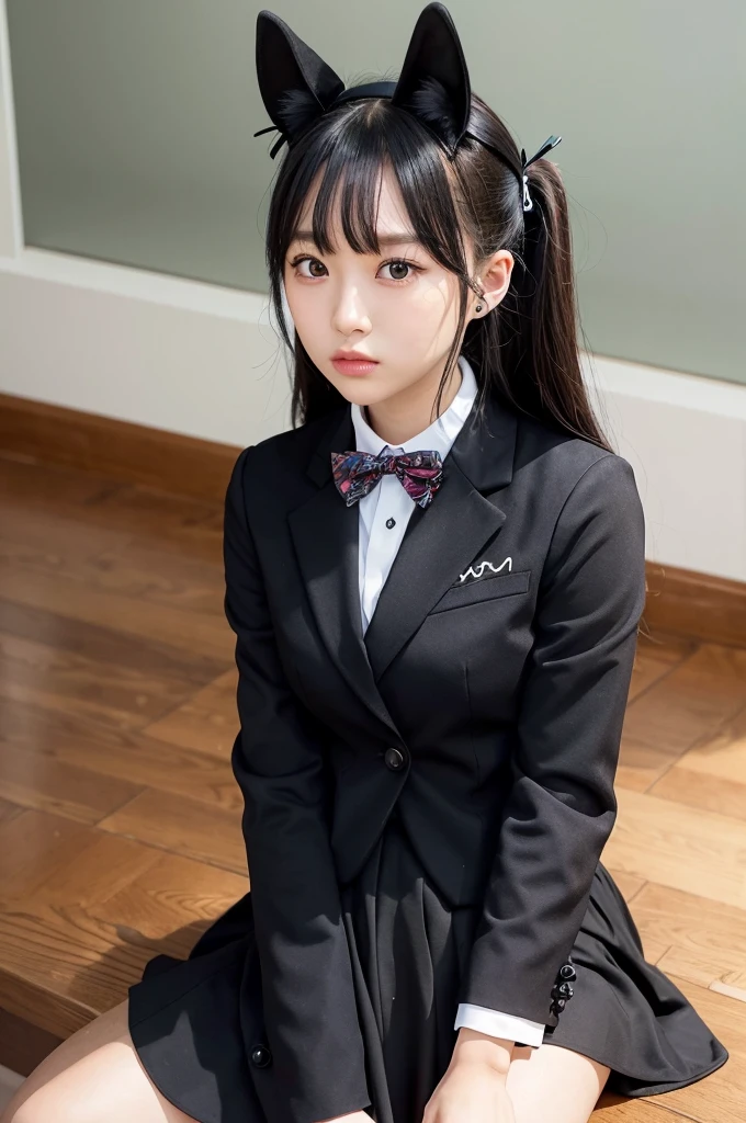 mejiro mcqueen, horse ears, ear ribbon, horse tailfrills, black jacket, bowtie, long sleeves, black skirt,Sit together&#39;knees、Sit with your heels on the ground、両手でkneesを抱える、Shins pointing forward、Body facing forward、Sit with your heels on the ground、Leg spread、Open legs、Black panties、8K Photo、Live Shooting、Best image quality、masterpiece:1.2、Genuine、photoGenuineistic、High Contrast、Photon Mapping、Genuineism、Very detailed、Professional Lighting、Low Angle:1.2)、(1 Girl)、(alone:1.5)、(Height is 165cm), (18 year old high school girl), (Japanese High School Uniform)、(Summer blouses:1.2)、(Checkered short skirt:1.2)、(White shirt with student ribbon:1.2)、(Crouched down and looking ahead)、(Open legs:1.2), (White panties:1.5)、(Camel Toe)、(White sneakers:1.2)、 (Perfect proportions:1.2), (Hard to see under a skirt:1.5), (The detailed shape of the female genitals is clearly visible:1.4), (Have pubic hair:1.4), (Textured skin)