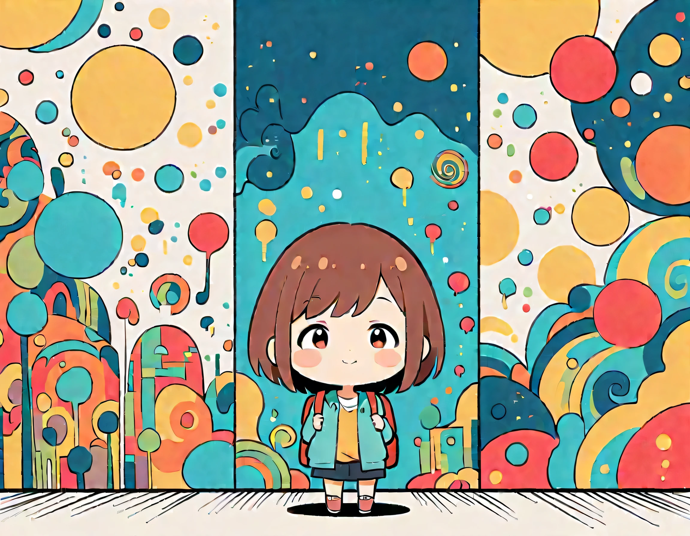 Hayao Miyazaki style, Standing in front of a high wall,Girl with backpack on rooftop,My backpack is full of happy spring,Simple Line Initialism,Abstract art,Urban Background, (((The most beautiful girl))), (((chibi)))