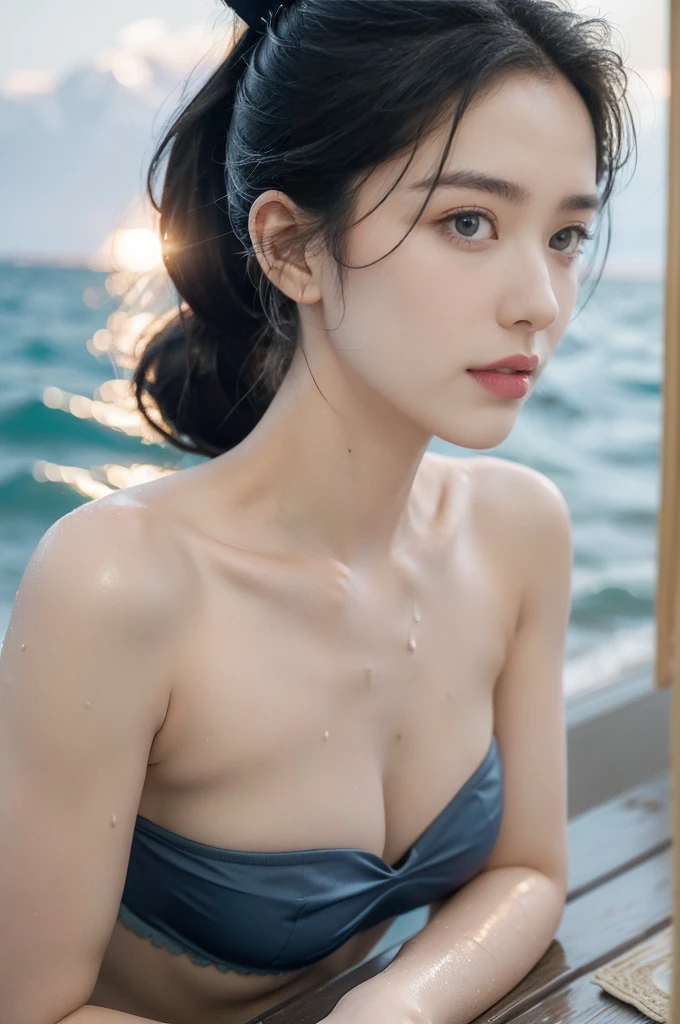 "(((best quality))), (((ultra detailed))), (((masterpiece))), illustration,((1 beautiful young girl,solo)),((slim,thin)),(strapless vibrant floral bra:1.3),((small breasts,flat chest)),(short ponytail:1.2),((shiny skin,sweat,wet)),seaside, summer, joyful, playful, physical features, smooth fair skin, gentle sea breeze, endless azure sky, picturesque backdrop, whiteness of sand, deep blues of the sea, waves crashing, internal turmoil, transformation, standing on the cusp of womanhood, confidence, sexuality, metaphorical plunge, next chapter of life,significance of the moment, beauty of the seaside, celebration of youth, excitement of summer ahead,((from front,close-up of face))