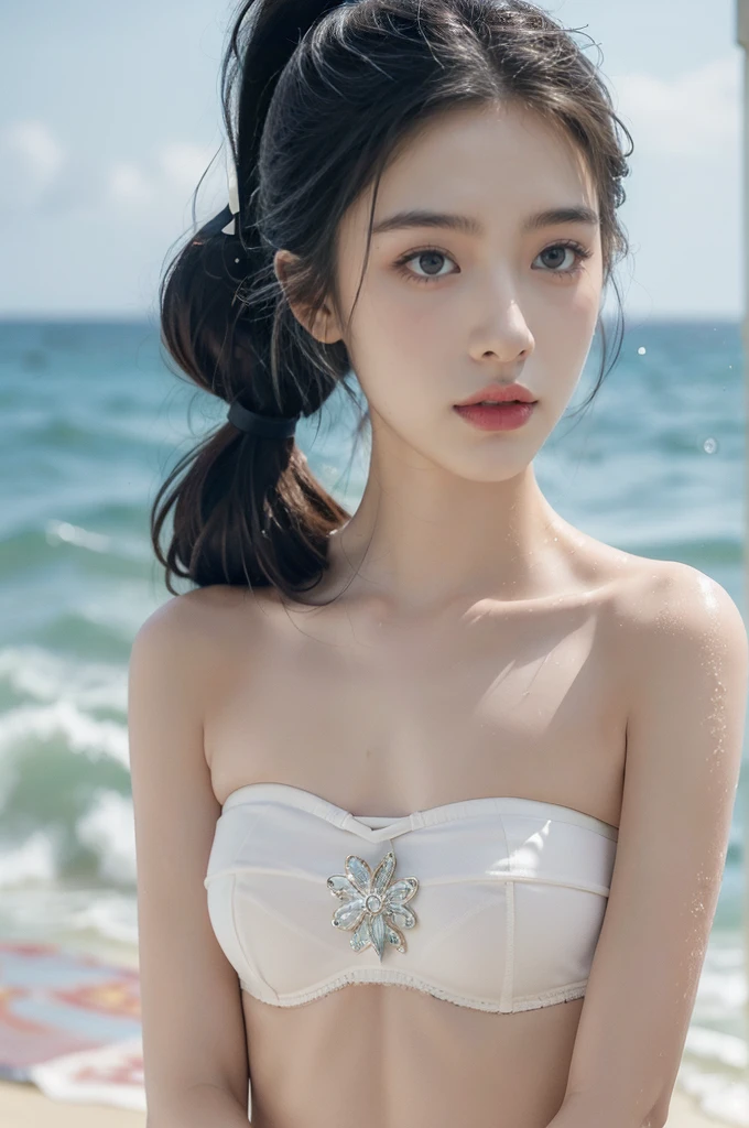 "(((best quality))), (((ultra detailed))), (((masterpiece))), illustration,((1 beautiful young girl,solo)),((slim,thin)),(strapless vibrant floral bra:1.3),((small breasts,flat chest)),(short ponytail:1.2),((shiny skin,sweat,wet)),seaside, summer, joyful, playful, physical features, smooth fair skin, gentle sea breeze, endless azure sky, picturesque backdrop, whiteness of sand, deep blues of the sea, waves crashing, internal turmoil, transformation, standing on the cusp of womanhood, confidence, sexuality, metaphorical plunge, next chapter of life,significance of the moment, beauty of the seaside, celebration of youth, excitement of summer ahead,((from front,close-up of face))