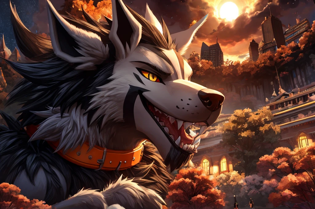Macro Male Mightyena (pokemon), smug expression, big teeth, high contrast, 8k HD, detailed, hyper-detailed, furry vore, primary fur Grey, secondary fur Black, yellow eyes, orange collar, best quality, ultra high res, Bully, Teasing, Flirty, Being worshipped