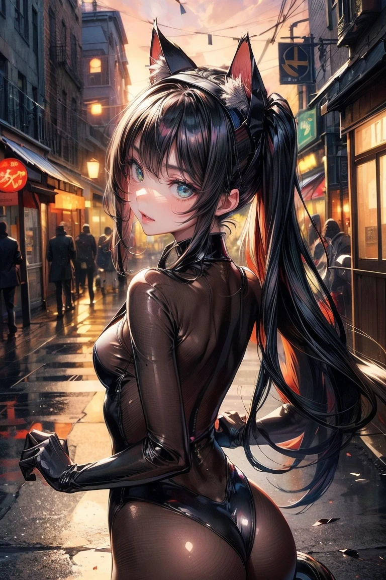 NSFW、One Girl、(20-year-old woman)、Cat ears headband、Shiny tail、Black enamel high leg suit、Ultra-thin suit、Skin is transparent、squat、Cat Pose、Black cat、City、Back alley at night、Green Eyes、Beautiful eyes、Laugh with fangs out、Faces aiming for prey、Looking from above