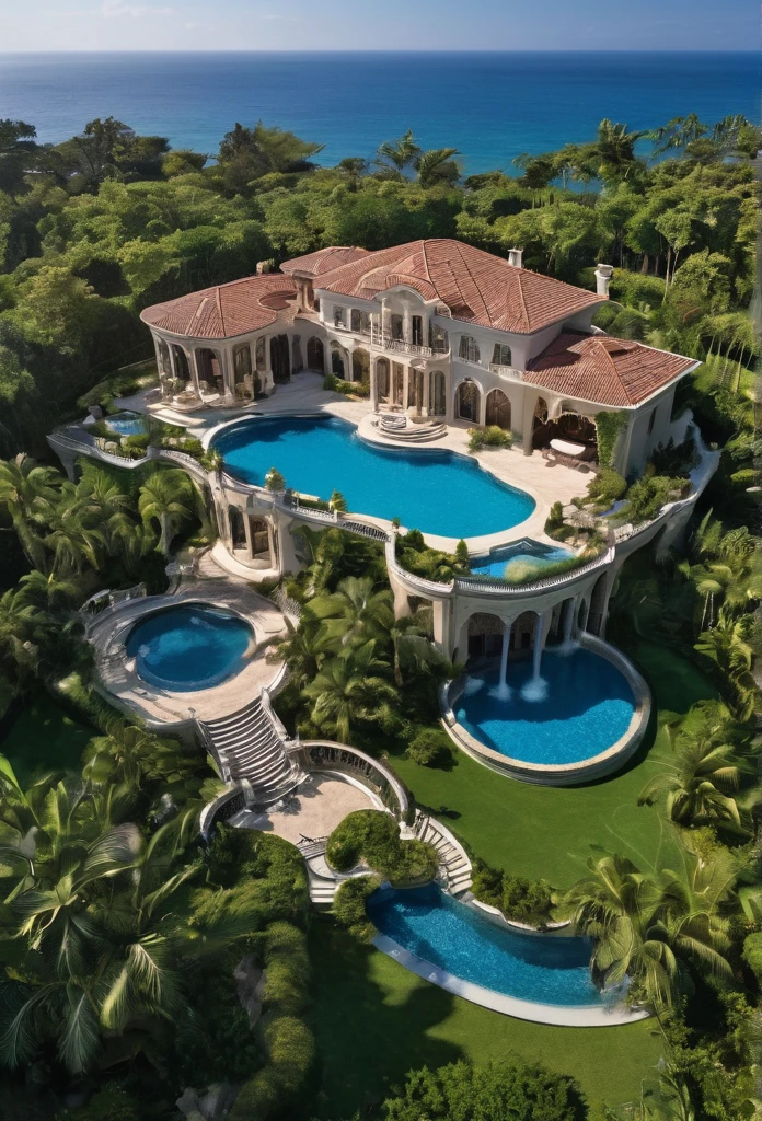 a view of a mansion with a pool and a waterfall, luxury lifestyle, luxury architecture, mediterranean architecture, luxury castle, huge mansion, stunning architecture, extremely opulent, hyper luxurious, exquisite architecture, beautiful architecture, beachfront mansion, incredible masterpiece, beautiful place, rich house, luxurious environment, luxury and elite, great architecture, beatiful house, stunning grand architecture
