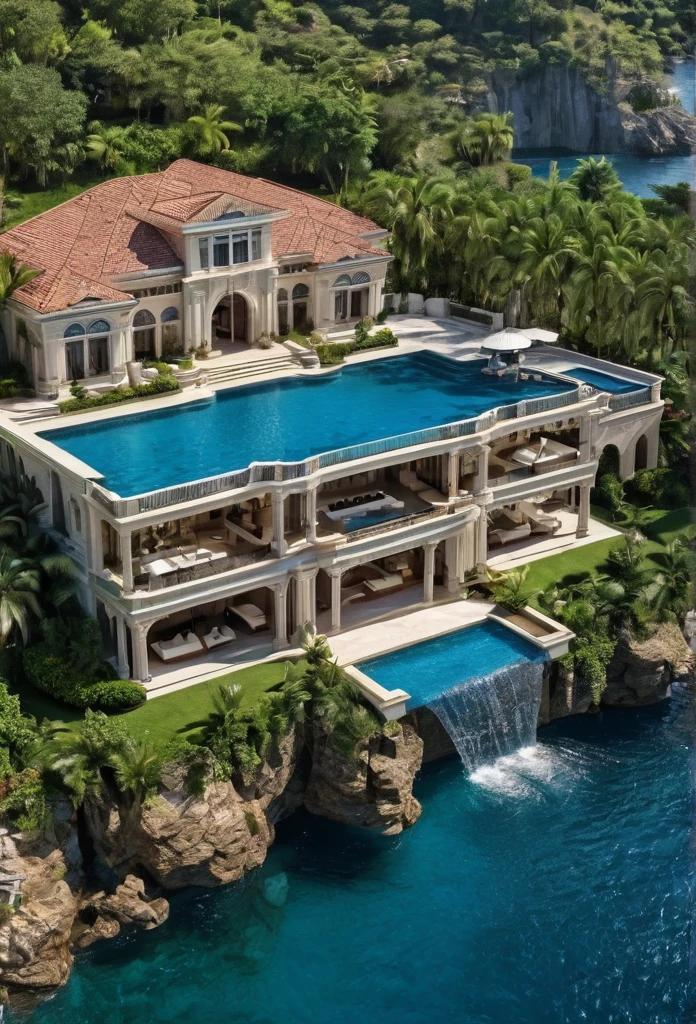 a view of a mansion with a pool and a waterfall, luxury lifestyle, luxury architecture, mediterranean architecture, luxury castle, huge mansion, stunning architecture, extremely opulent, hyper luxurious, exquisite architecture, beautiful architecture, beachfront mansion, incredible masterpiece, beautiful place, rich house, luxurious environment, luxury and elite, great architecture, beatiful house, stunning grand architecture