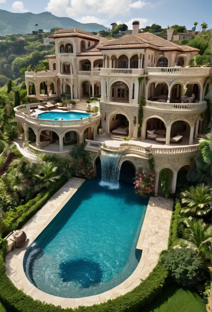 a view of a mansion with a pool and a waterfall, luxury lifestyle, luxury architecture, mediterranean architecture, luxury castle, huge mansion, stunning architecture, extremely opulent, hyper luxurious, exquisite architecture, beautiful architecture, beachfront mansion, incredible masterpiece, beautiful place, rich house, luxurious environment, luxury and elite, great architecture, beatiful house, stunning grand architecture