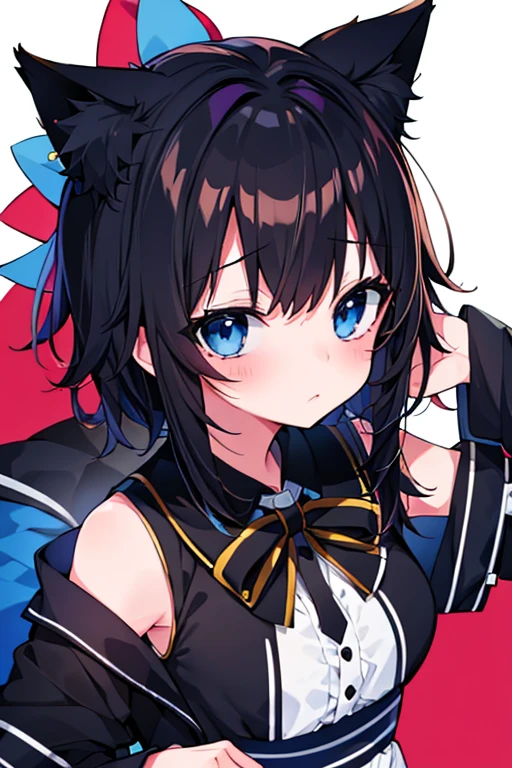 Embarrassed face,One girl,前hair,Tilt your head,From above,whole body,black_hair,Cat ear(white),Cat's Tail(white),Frilled Chalk,Long skirt_dress,(Small Tits),pink_eye,My Room,Heart Background ,Eating a donut
