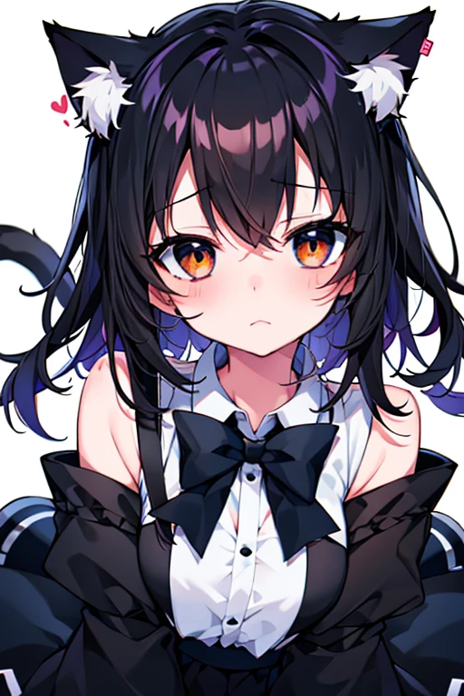 Embarrassed face,One girl,前hair,Tilt your head,From above,whole body,black_hair,Cat ear(white),Cat's Tail(white),Frilled Chalk,Long skirt_dress,(Small Tits),pink_eye,My Room,Heart Background ,Eating a donut