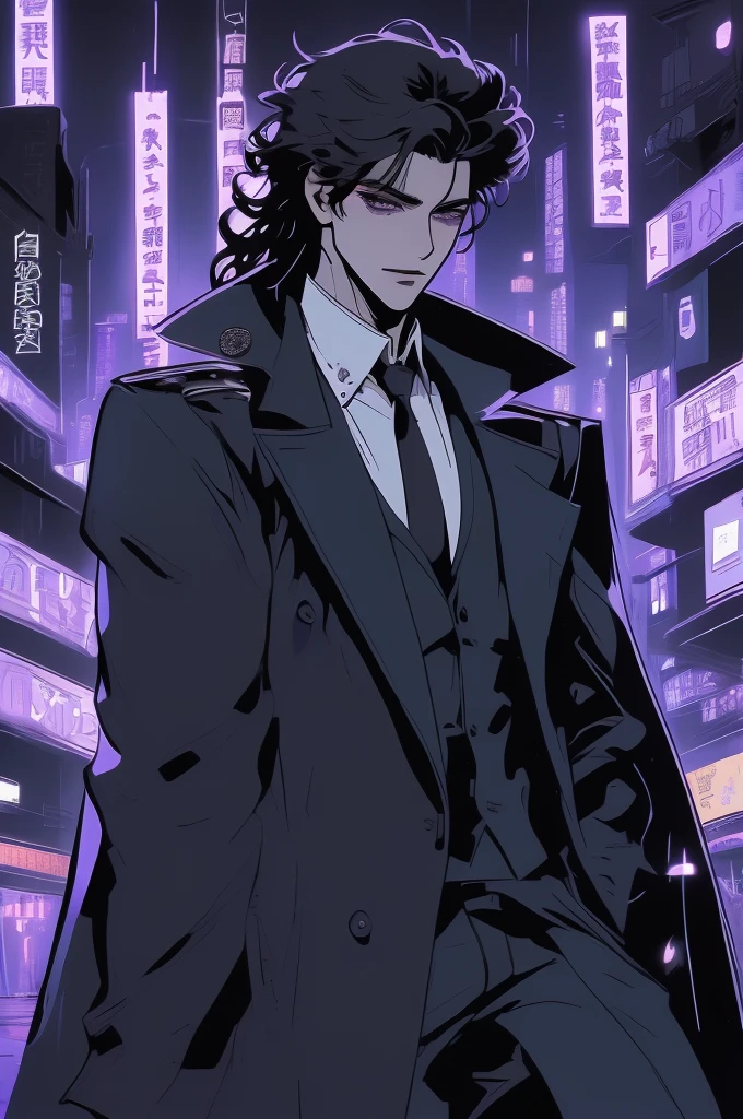 anime man in the night city, attractive man with сиреневые глаза while squinting, adult man, black hair, black loose shirt, (((no decorations on clothes))), beautiful detailed eyes, lilac eyes eyes, squinting, shoulder-length curly hair, (Best quality,4K,8 k,A high resolution,masterpiece:1.2), ultra detailed, bright colors, dark lighting, Cinematic, A sly smile on his face, long hair, full length