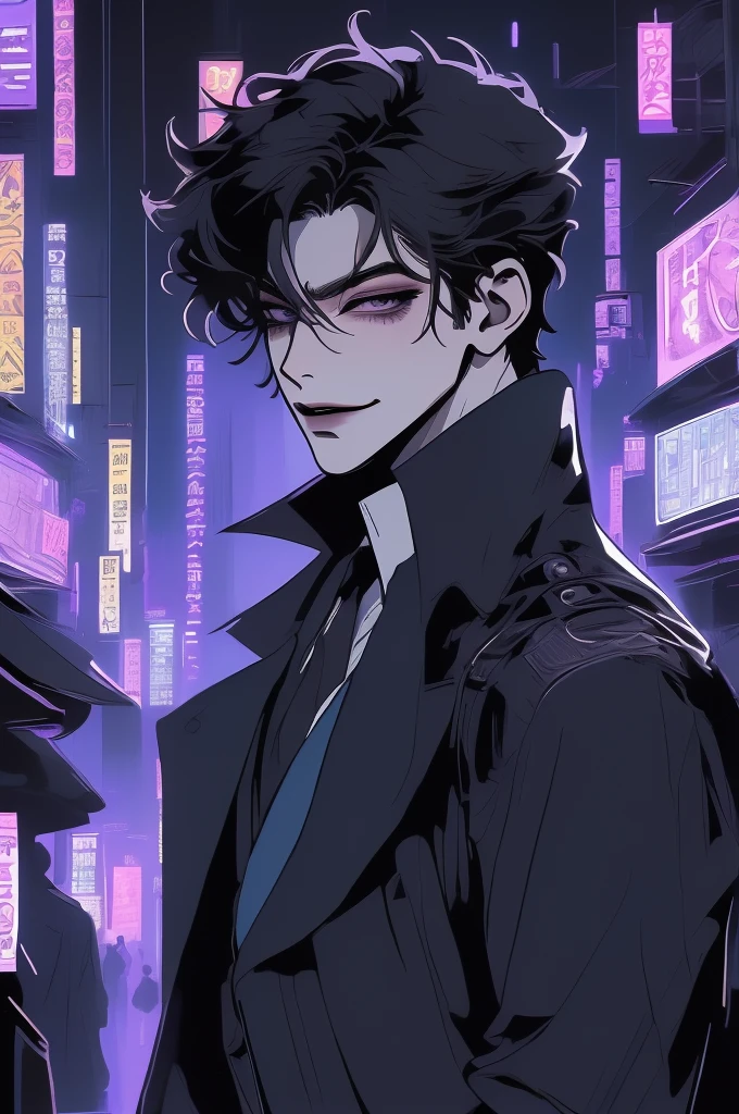 anime man in the night city, attractive man with сиреневые глаза while squinting, adult man, black hair, black loose shirt, (((no decorations on clothes))), beautiful detailed eyes, lilac eyes eyes, squinting, shoulder-length curly hair, (Best quality,4K,8 k,A high resolution,masterpiece:1.2), ultra detailed, bright colors, dark lighting, Cinematic, A sly smile on his face, long hair, full length