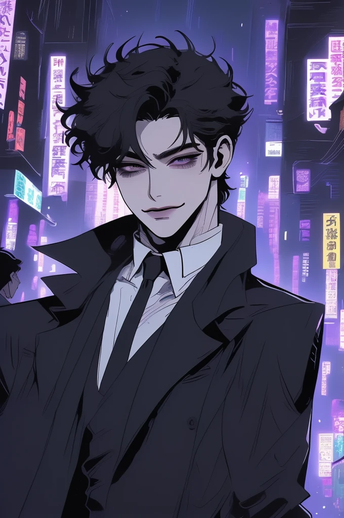 anime man in the night city, attractive man with сиреневые глаза while squinting, adult man, black hair, black loose shirt, (((no decorations on clothes))), beautiful detailed eyes, lilac eyes eyes, squinting, shoulder-length curly hair, (Best quality,4K,8 k,A high resolution,masterpiece:1.2), ultra detailed, bright colors, dark lighting, Cinematic, A sly smile on his face, long hair, full length