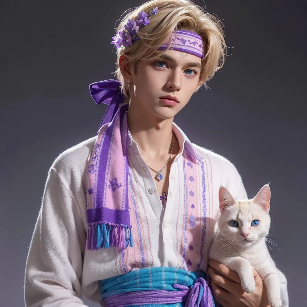 Handsome boy, blond hair highlighted with purple, blue eyes, wearing pink and purple headdress, wearing pink and purple polo, white cat