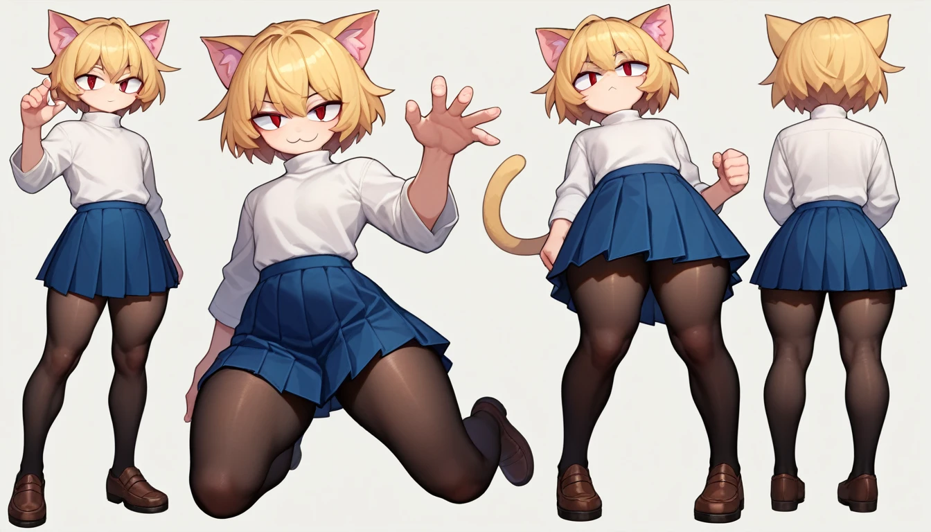 score_9, score_8_up, score_7_up, score_6_up, score_5_up, score_4_up, BREAK, 1boy, solo, necoarc, lit pupils, cat ears, blonde hair, red eyes, :3, turtleneck, blue skirt, pleated skirt, pantyhose, brown footwear, highlight thighs, thick thighs, seductive pose, (dynamic poses), looking at the viewer 