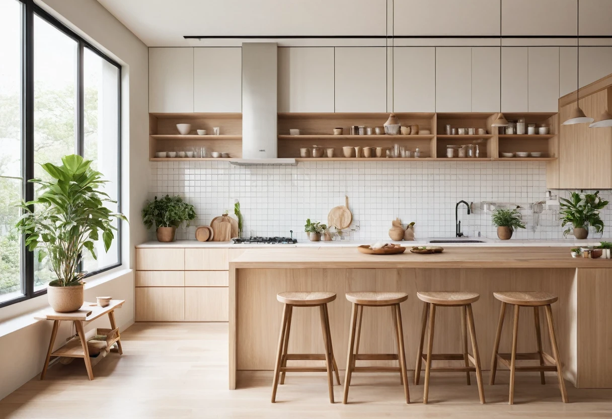 A high-resolution, minimalist Muji style kitchen with a striking depth effect. The space features clean lines, a neutral color palette of whites, beiges, and natural wood tones. The kitchen includes sleek wooden cabinetry, open shelving showcasing simple, functional kitchenware, and a stylish island with bar stools. Large windows provide ample natural light. The overall design emphasizes simplicity and functionality, with potted plants and handmade decor adding a touch of warmth and nature. ((8k)), ((UHD)), high quality detail, depth of field effect, no yapping.