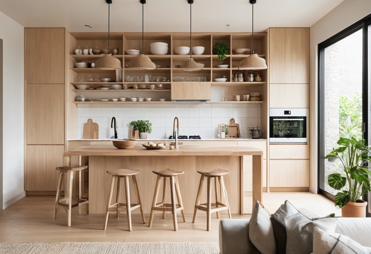 A high-resolution, minimalist Muji style kitchen with a striking depth effect. The space features clean lines, a neutral color palette of whites, beiges, and natural wood tones. The kitchen includes sleek wooden cabinetry, open shelving showcasing simple, functional kitchenware, and a stylish island with bar stools. Large windows provide ample natural light. The overall design emphasizes simplicity and functionality, with potted plants and handmade decor adding a touch of warmth and nature. ((8k)), ((UHD)), high quality detail, depth of field effect, no yapping.
