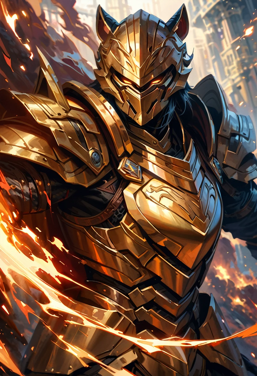 a fantasy warrior with a tiger helmet, shining holy armor, fire elemental, highly detailed, digital painting, cinematic lighting, dramatic pose, ultra-realistic, volumetric lighting, photorealistic, 8k, HDR, intricate details, masterpiece