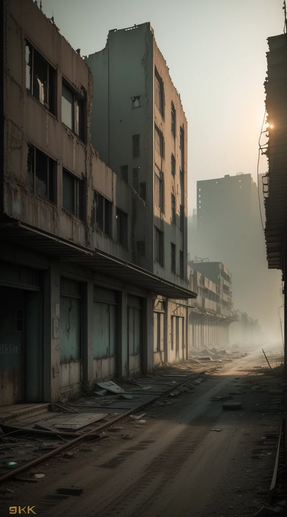 Generate a high-resolution (8K) cinematic image depicting the abandoned city of Pripyat in Chernobyl. Create a visually impactful composition, capturing the exciting and mysterious atmosphere of the ghost town. Use cool color tones to convey the feeling of desolation, and use games of light and shadow to highlight the details of empty buildings and streets.
