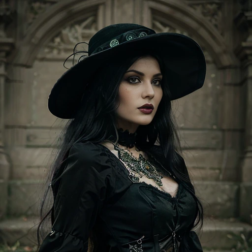 1 woman, European face, European eyes, pretty face, 30 years old, age 30, black long hair, black, green eyes, gothic style, wearing a long black dress, ultra detailed face, hyperrealistic, realistic representation, full body view, gothic style, dancing at a gothic festival