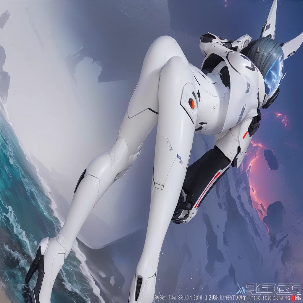 There is a big white robot statue on the beach near the ocean, Female cyborg body, Thick and smooth Warframe thighs, Female body type, Thick and smooth Warframe legs, Cyborg technology in body and legs, Asuka suit under clothes!, White cyborg fashion shot, Cyber Suits, Dead or Alive 6, thick warframe legs, Varia Suit, Cyber Suit