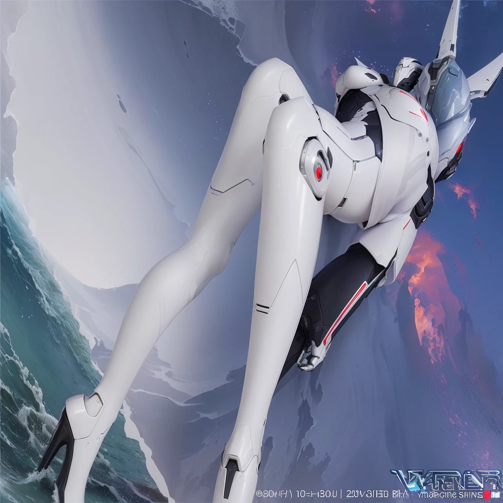 There is a big white robot statue on the beach near the ocean, Female cyborg body, Thick and smooth Warframe thighs, Female body type, Thick and smooth Warframe legs, Cyborg technology in body and legs, Asuka suit under clothes!, White cyborg fashion shot, Cyber Suits, Dead or Alive 6, thick warframe legs, Varia Suit, Cyber Suit