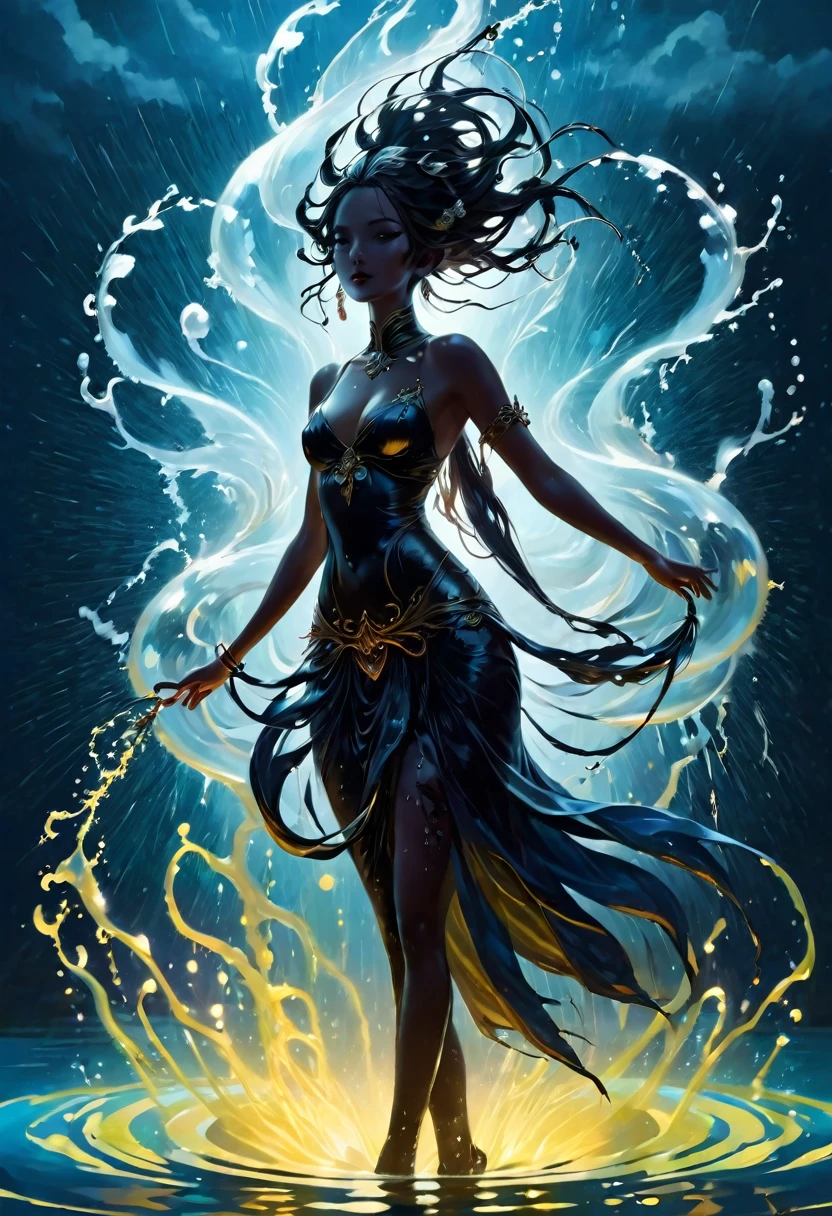(rainstorm:1.5),Rain splash,Huge waterspout,In the middle of the lake, Mysterious female black silhouette in the middle of the night, Surrounded by glowing spheres, Summoners dance to appease the spirits of the dead. Ceremonial canvas clothing. Sensual. Multiple magic arrays. Dynamic dance. Water Lily. Colorful palette.