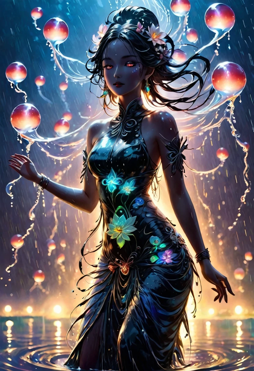 (rainstorm:1.5),Rain splash,Huge waterspout,In the middle of the lake, Mysterious female black silhouette in the middle of the night, Surrounded by glowing spheres, Summoners dance to appease the spirits of the dead. Ceremonial canvas clothing. Sensual. Multiple magic arrays. Dynamic dance. Water Lily. Colorful palette.