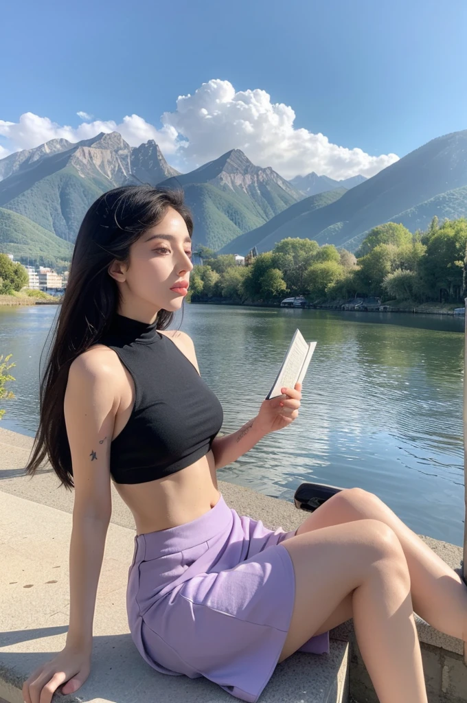 Beautiful Lady Gaga, wearing a white crop top and purple flared skirt, sitting reading a book on the bank of a blue river, with mountains in the distance