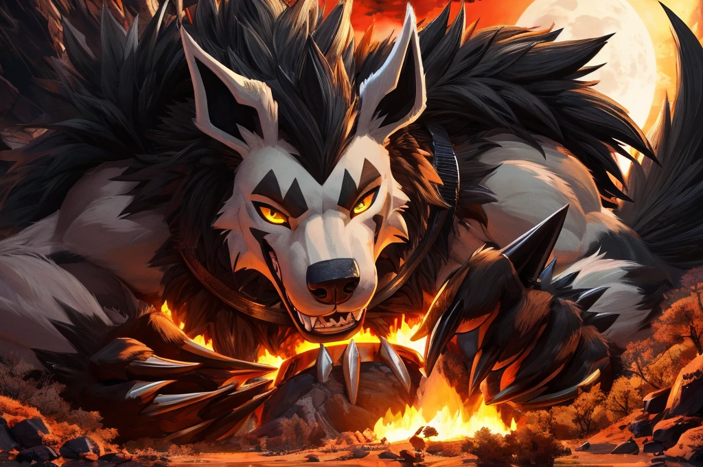 Macro Male Mightyena (pokemon), smug expression, big teeth, high contrast, 8k HD, detailed, hyper-detailed, furry vore, primary fur Grey, secondary fur Black, yellow eyes, orange spiky collar, best quality, ultra high res, Bully, Teasing, Flirty, Being worshipped