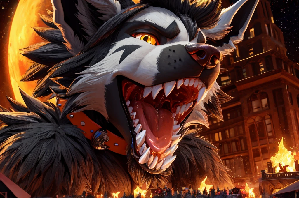 Macro Male Mightyena (pokemon), smug expression, big teeth, high contrast, 8k HD, detailed, hyper-detailed, furry vore, primary fur Grey, secondary fur Black, yellow eyes, orange spiky collar, best quality, ultra high res, Bully, Teasing, Flirty, Being worshipped