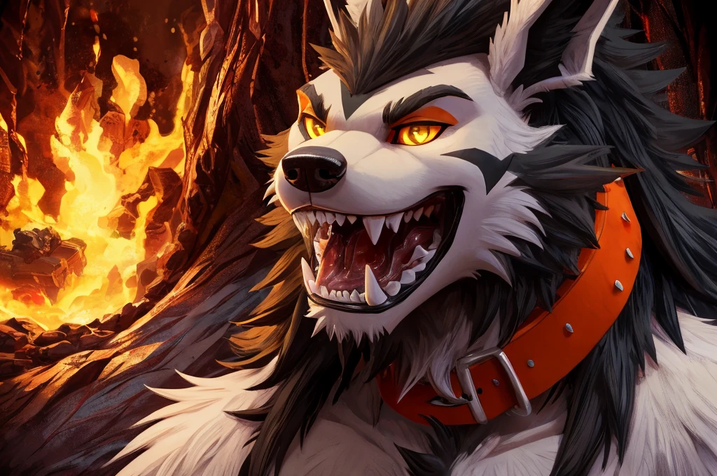 Macro Male Mightyena (pokemon), smug expression, big teeth, high contrast, 8k HD, detailed, hyper-detailed, furry vore, primary fur Grey, secondary fur Black, yellow eyes, orange spiky collar, best quality, ultra high res, Bully, Teasing, Flirty, Being worshipped