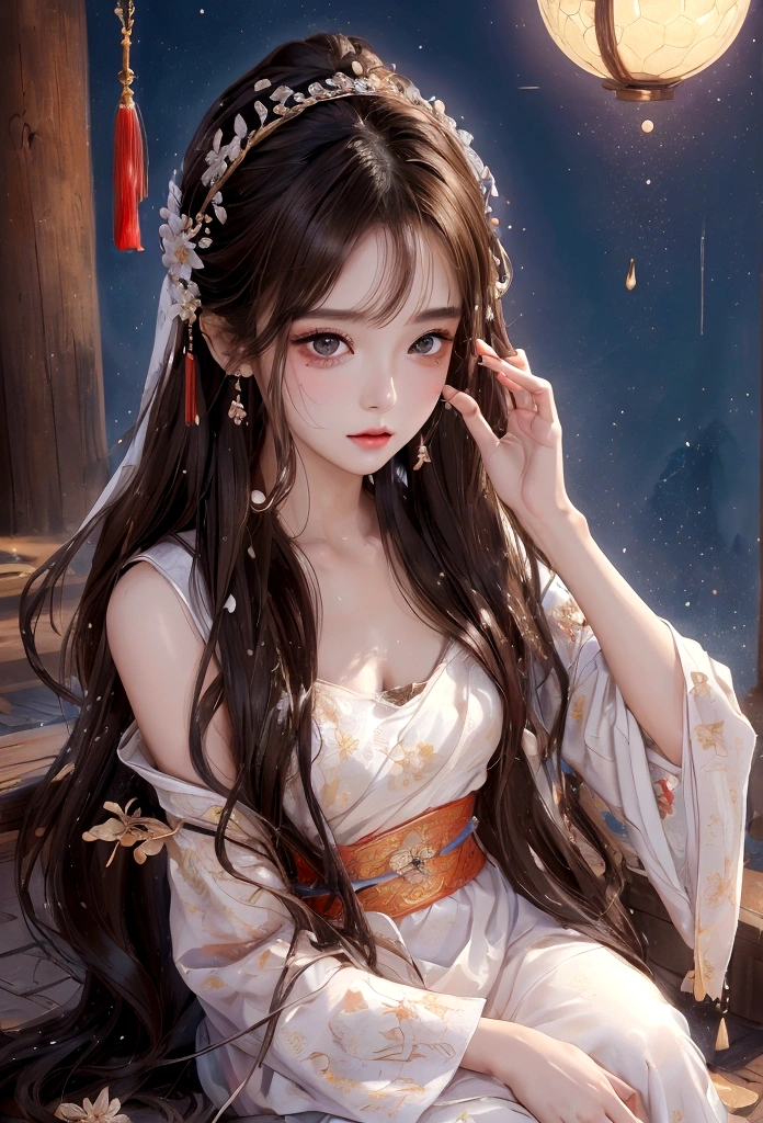 Best image quality、、masterpiece：1.3))、Realistic high-quality photos、Highest quality、 Beautiful face、Photos of slim models、Beautiful girl model、Young and pretty face、Beautiful model girl、A lovely and delicate face、Brown Hair、Beautiful brown eyes、Tear bags、Young Body、(Finely scattered splashes of color), (figure),(((1 Girl))),(Long Hair),(rain:0.9), (Headdress: 1.4), There is an ancient palace next to the girl., Hanfu, (emphasize),  ink painting, (Spattered colors), Spattered colors, (((colorful))), (sketch: 0.8), Tabletop, Highest quality, Beautifully drawn, verydetailedな,(Noise Reduction:0.6),[Splash Ink],((Ink Refraction)), (美しくdetailedな空),moon,very,detailed,(Tabletop, Highest quality, verydetailedな)、Small breasts、Exposed thighs