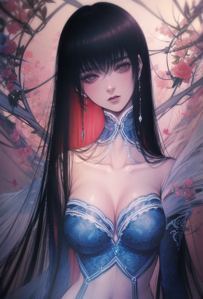 detailed, aesthetic, beautiful, beautiful color, amazing quality, best quality, masterpiece, portrait,smoke, satsuki kei, frills, gloves, 4k, illustration, flowers