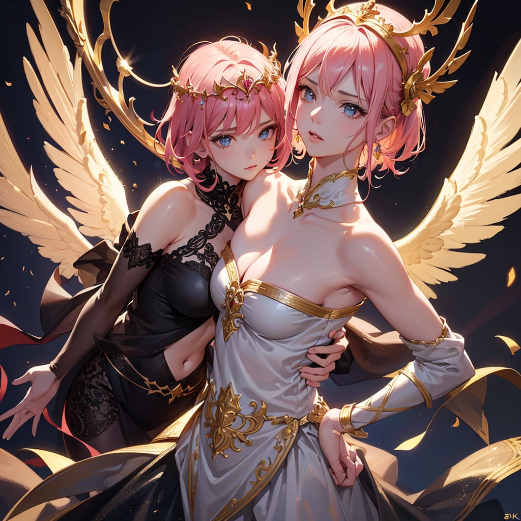 A beautiful female angel, pink short hair, angelic wings, glowing crown scepter, black dress, (best quality,4k,8k,highres,masterpiece:1.2),ultra-detailed,(realistic,photorealistic,photo-realistic:1.37),extremely detailed eyes and face,longeyelashes,detailed ornate dress,dramatic lighting,intricate jewelry,fantasy,digital art,cinematic lighting,dramatic pose,dark atmosphere