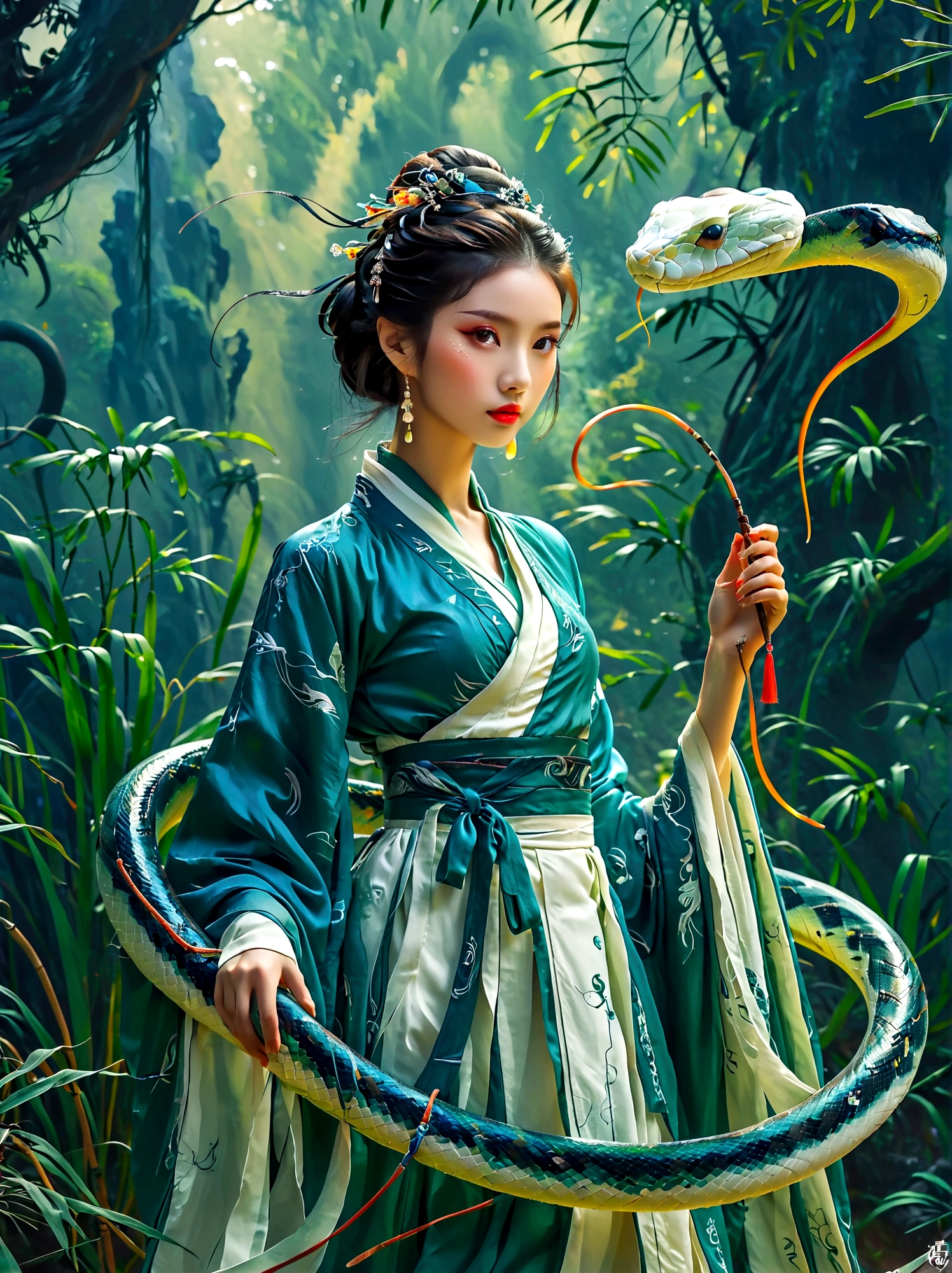 (A *********** wearing a blue and white Hanfu:1.5)，Holding a long sword，Behind is a dense bamboo forest，Around her，(A graceful green snake coiled upwards:1.3)，As if showing a mysterious power，This work is full of inspiration，Inspired by the Chinese story of the Legend of the White Snake，Through meticulous and realistic details，It makes people feel like being in an ancient and mysterious world