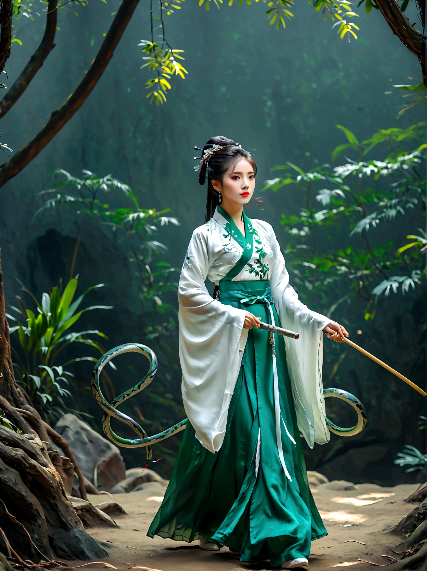 (A *********** wearing a blue and white Hanfu:1.5)，Holding a long sword，Behind is a dense bamboo forest，Around her，(A graceful green snake coiled upwards:1.3)，As if showing a mysterious power，This work is full of inspiration，Inspired by the Chinese story of the Legend of the White Snake，Through meticulous and realistic details，It makes people feel like being in an ancient and mysterious world