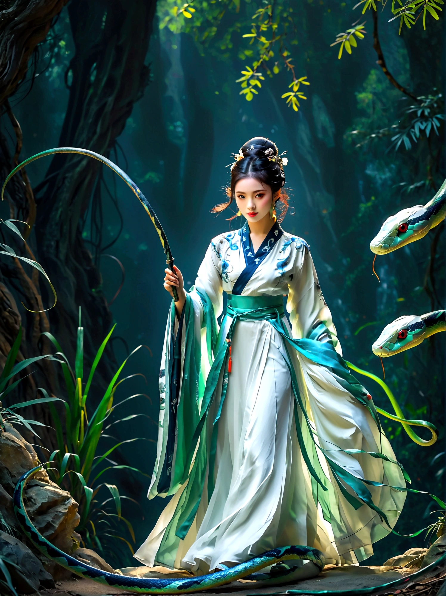 (A  wearing a blue and white Hanfu:1.5)，Holding a long sword，Behind is a dense bamboo forest，Around her，(A graceful green snake coiled upwards:1.3)，As if showing a mysterious power，This work is full of inspiration，Inspired by the Chinese story of the Legend of the White Snake，Through meticulous and realistic details，It makes people feel like being in an ancient and mysterious world