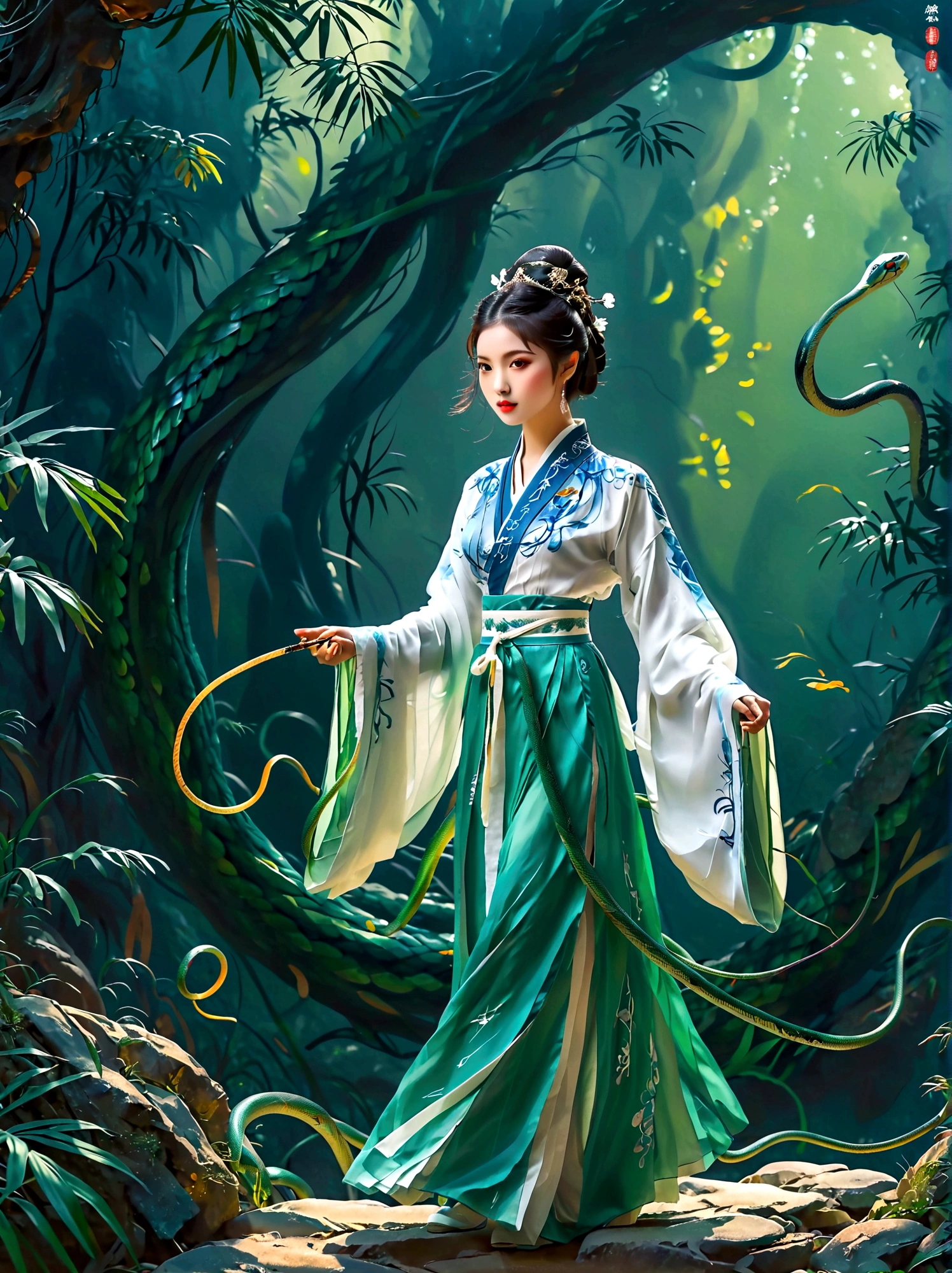 (A *********** wearing a blue and white Hanfu:1.5)，Holding a long sword，Behind is a dense bamboo forest，Around her，(A graceful green snake coiled upwards:1.3)，As if showing a mysterious power，This work is full of inspiration，Inspired by the Chinese story of the Legend of the White Snake，Through meticulous and realistic details，It makes people feel like being in an ancient and mysterious world