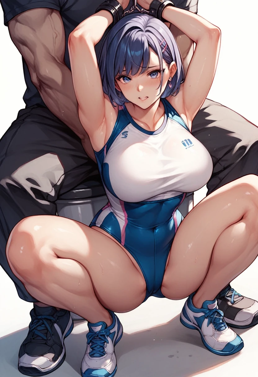 Gym suit,Bloomers,Large Breasts,Hands restrained behind the body,Squats with legs wide open,Squatting while straddling a man's erect penis