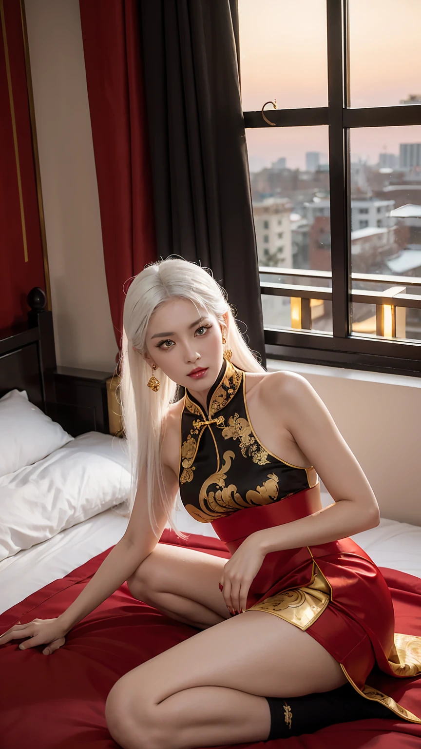 Woman with white hair and yellow eyes, mostrando os peitos, legs open showing pussy, with an angry face and a provocative look. Wearing gold and black traditional Chinese imperial clothing, with red Hanafuda earrings, with a short red skirt. On your knees in a hotel room bed, with a sunset in the window in the background.